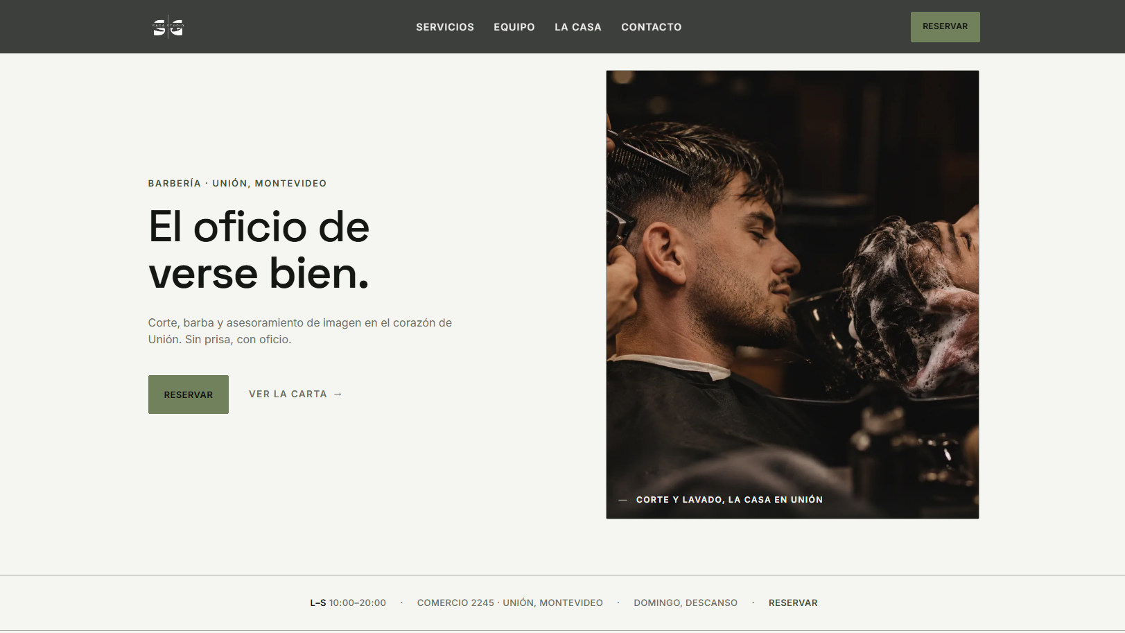 Screenshot del sitio web de Saga Studio, barbería en el barrio Unión, Montevideo